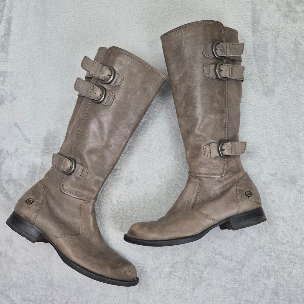 Born Attila B30658 VBEH12 Taupe Leather Tall Riding Buckle Boots Womens 7 38 Zip